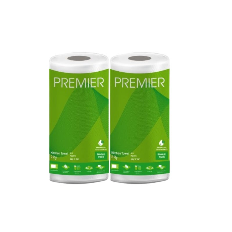 Premier 2-Ply Kitchen Tissue Roll (120 Sheets) | 60 pulls x 2 Packs | Size: 21 x 21 cm | Super Absorbent, Disposable Kitchen Paper Towel for Cleaning & Wiping - Image 2