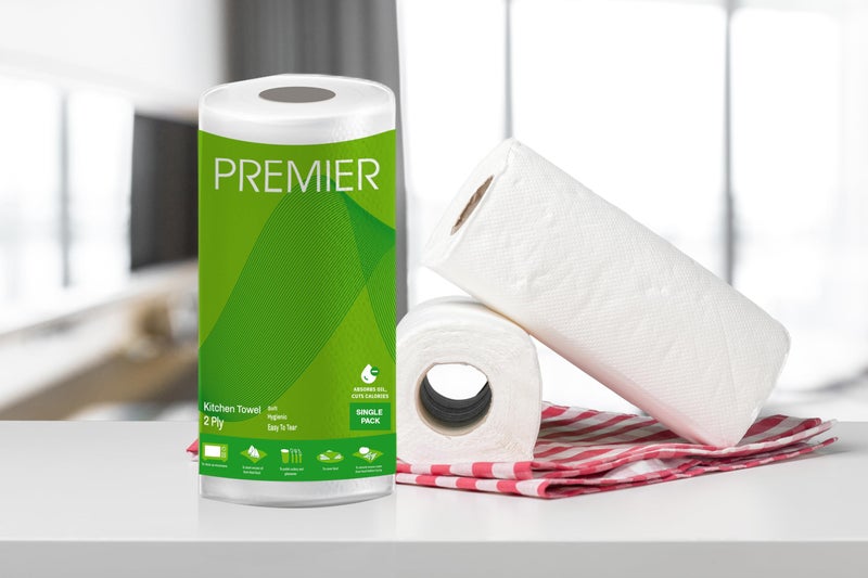 Premier 2-Ply Kitchen Tissue Roll (120 Sheets) | 60 pulls x 2 Packs | Size: 21 x 21 cm | Super Absorbent, Disposable Kitchen Paper Towel for Cleaning & Wiping - Image 3