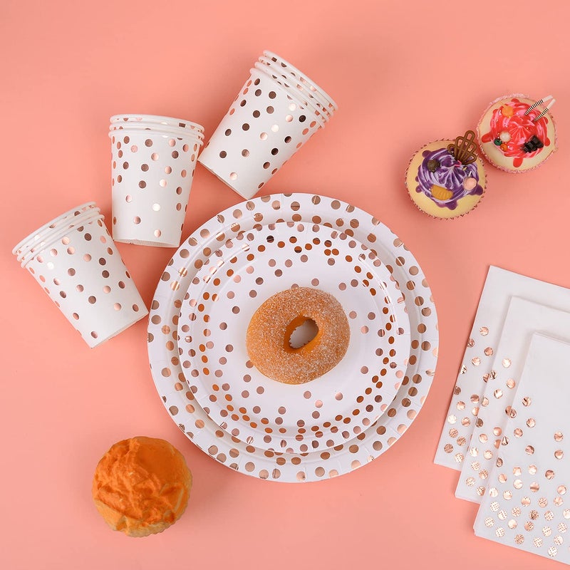 YAOSHENG 200Pcs Rose Gold Party Supplies - Rose Gold Dot on White Paper Plates and Napkins Cups Silverware Serves 25 Sets for Wedding Bridal Shower Engagement Birthday Parties.(Rose gold dot) - Image 4