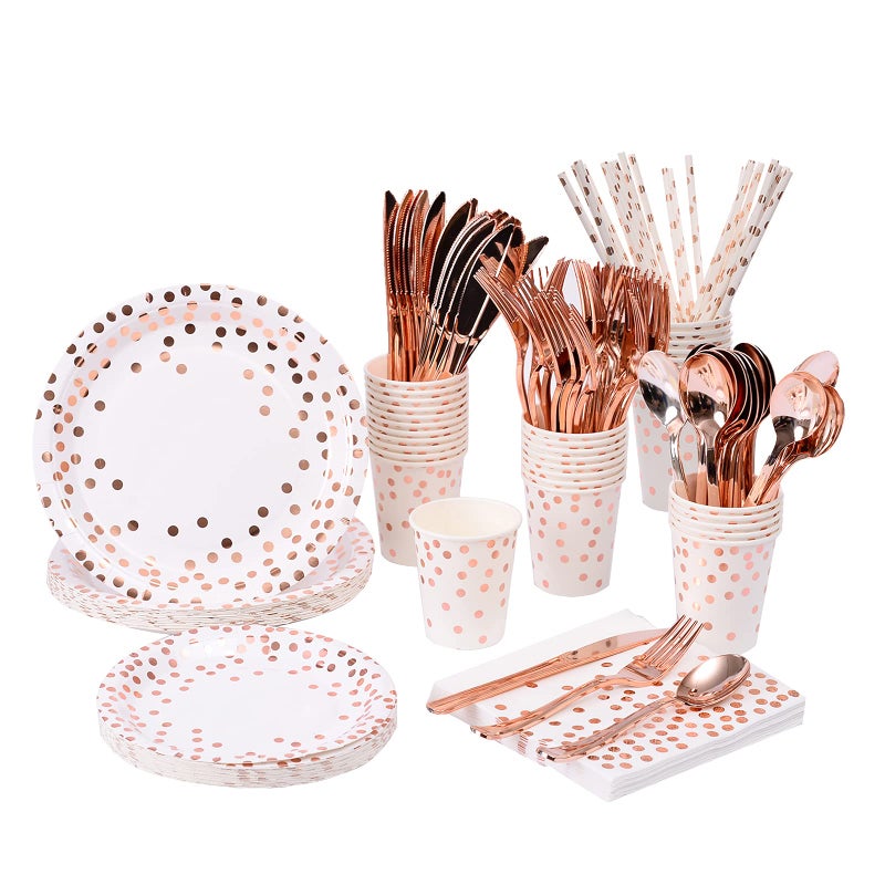 YAOSHENG 200Pcs Rose Gold Party Supplies - Rose Gold Dot on White Paper Plates and Napkins Cups Silverware Serves 25 Sets for Wedding Bridal Shower Engagement Birthday Parties.(Rose gold dot) - Image 1