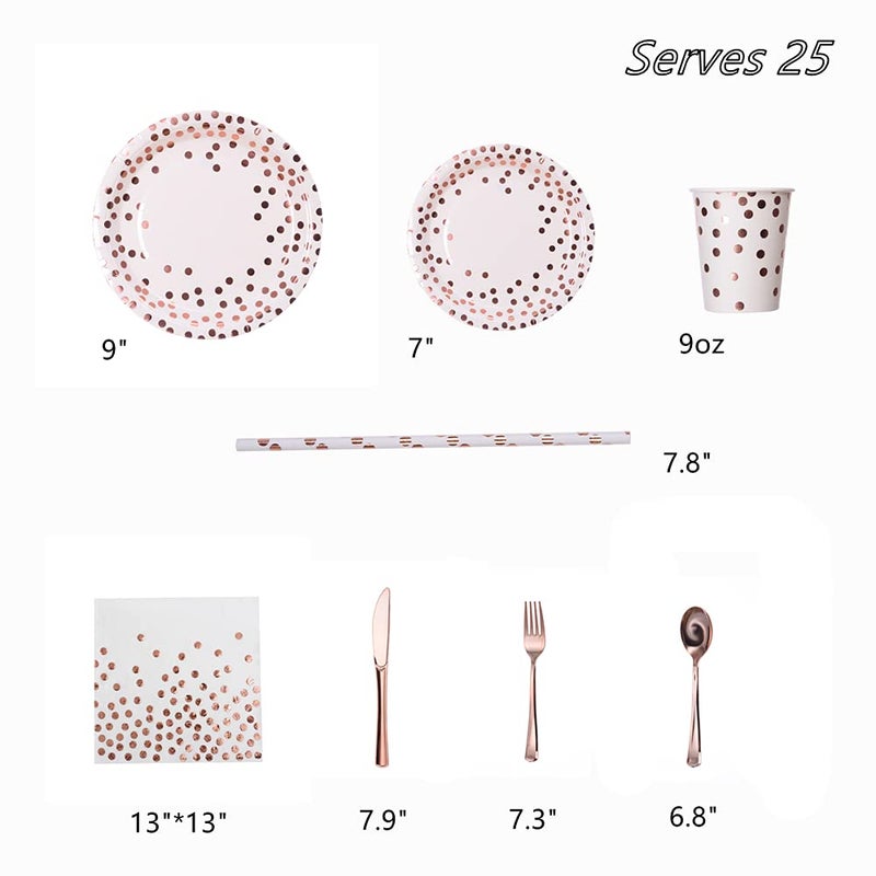 YAOSHENG 200Pcs Rose Gold Party Supplies - Rose Gold Dot on White Paper Plates and Napkins Cups Silverware Serves 25 Sets for Wedding Bridal Shower Engagement Birthday Parties.(Rose gold dot) - Image 2