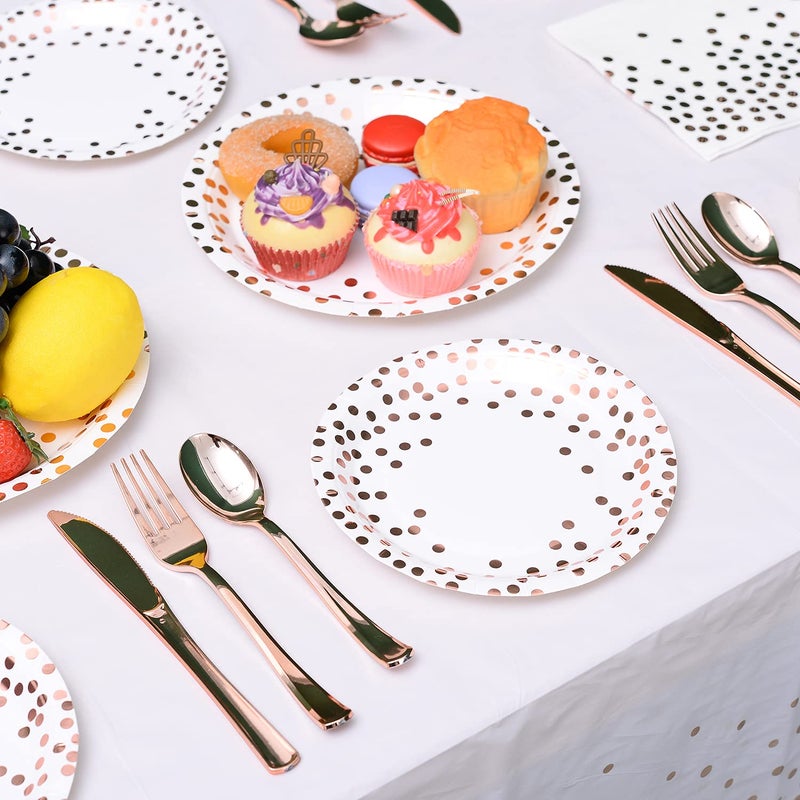YAOSHENG 200Pcs Rose Gold Party Supplies - Rose Gold Dot on White Paper Plates and Napkins Cups Silverware Serves 25 Sets for Wedding Bridal Shower Engagement Birthday Parties.(Rose gold dot) - Image 3
