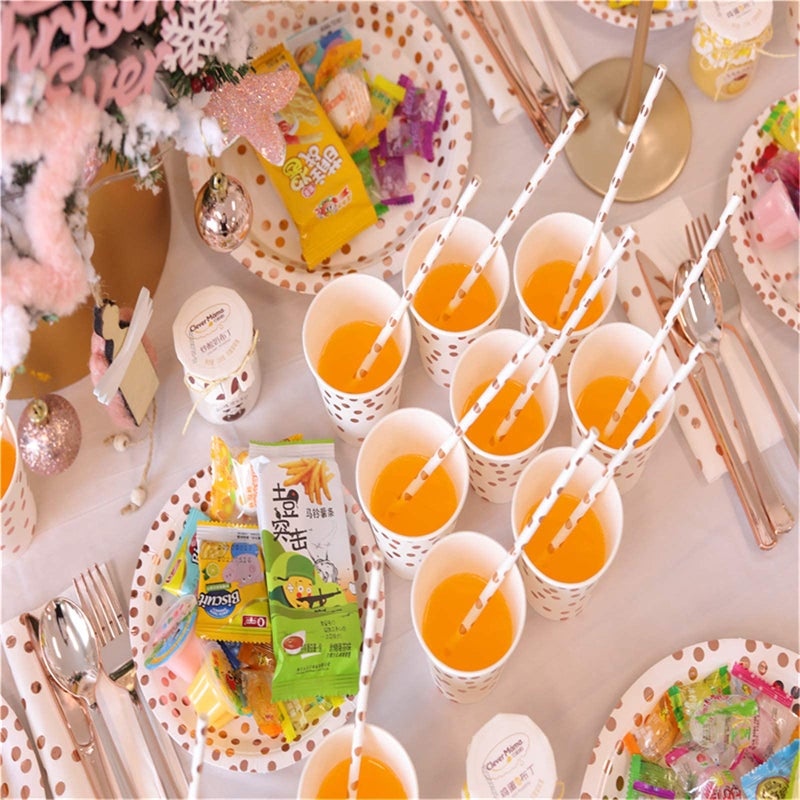 YAOSHENG 200Pcs Rose Gold Party Supplies - Rose Gold Dot on White Paper Plates and Napkins Cups Silverware Serves 25 Sets for Wedding Bridal Shower Engagement Birthday Parties.(Rose gold dot) - Image 5