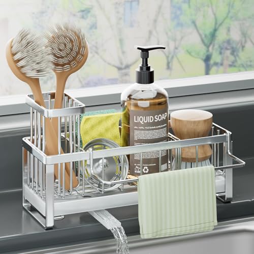 HapiRm Sponge Holder for Kitchen Sink - Self-draining Sink Caddy with Brush Holder and Dishcloth Holder, Stainless Steel Kitchen Organizer - Silver - Image 1