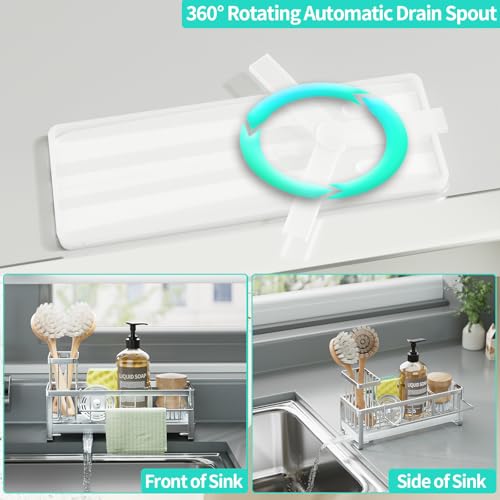 HapiRm Sponge Holder for Kitchen Sink - Self-draining Sink Caddy with Brush Holder and Dishcloth Holder, Stainless Steel Kitchen Organizer - Silver - Image 2