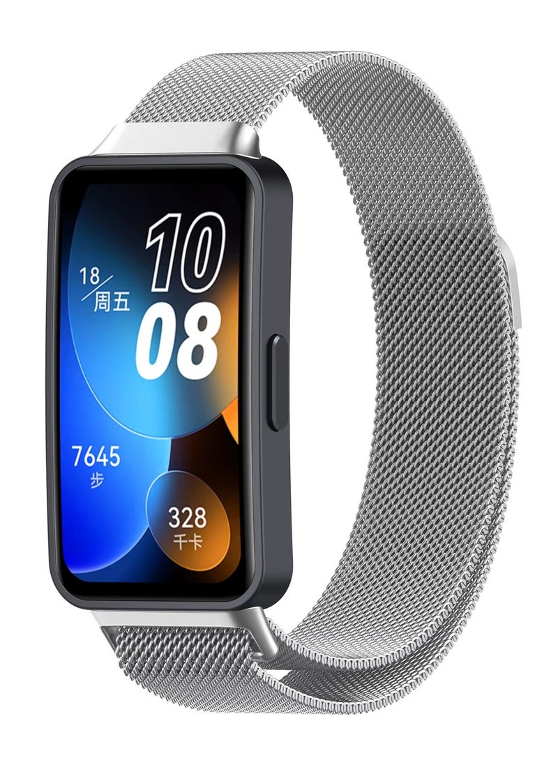 Generic Replacement Band for Huawei Band 8/Honor Band 8 Band Magnetic Stainless Steel Strap Loop Watch Band Sports Straps (Silver)  - Image 1
