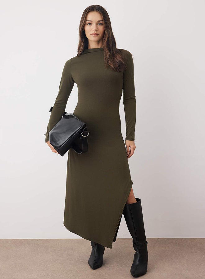 trendyol Khaki Stand Collar Lined Asymmetric ALine/Bell Opening Stretchy Midi Knitted Dress - Image 2