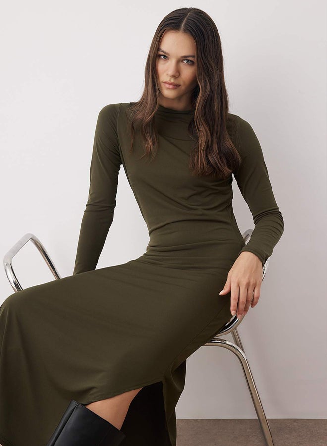 trendyol Khaki Stand Collar Lined Asymmetric ALine/Bell Opening Stretchy Midi Knitted Dress - Image 3