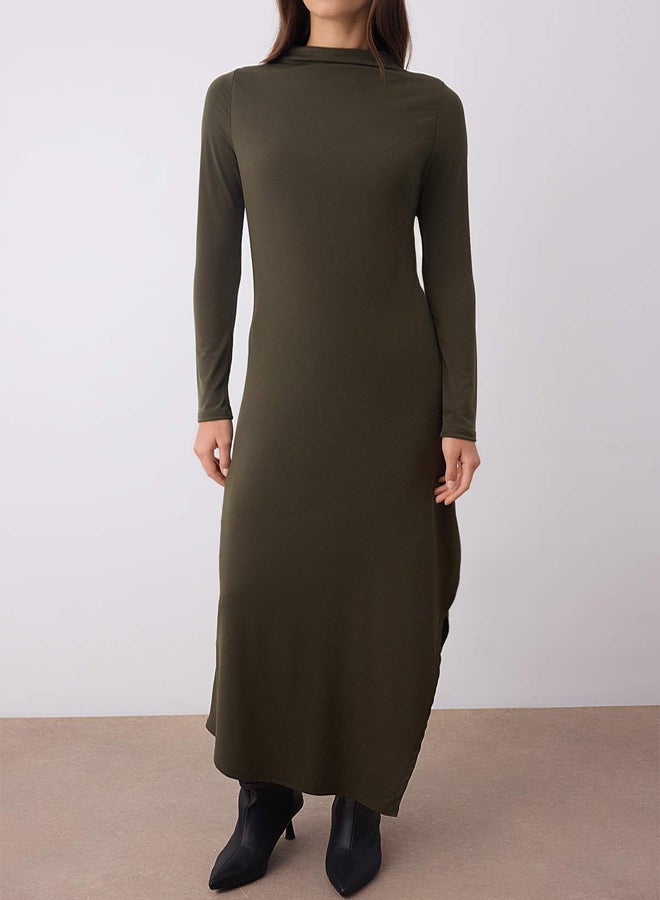 trendyol Khaki Stand Collar Lined Asymmetric ALine/Bell Opening Stretchy Midi Knitted Dress - Image 4