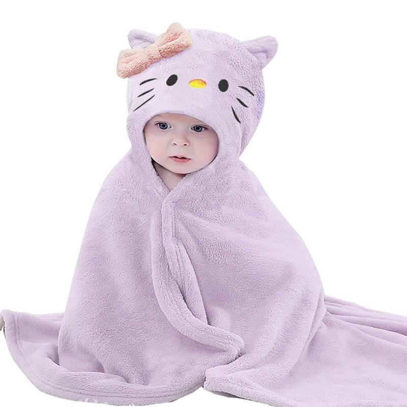 IFaryMes Toddler Bath Towel Baby Towels with Hood 27.5"X55" Ultra Absorbent Soft Bathrobe Blanket Kids Shower Towel for Girls and Boys(Purple-Cat) - Image 1