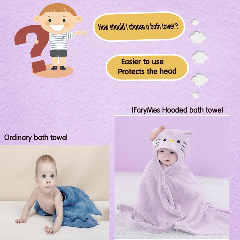 IFaryMes Toddler Bath Towel Baby Towels with Hood 27.5"X55" Ultra Absorbent Soft Bathrobe Blanket Kids Shower Towel for Girls and Boys(Purple-Cat) - Image 5