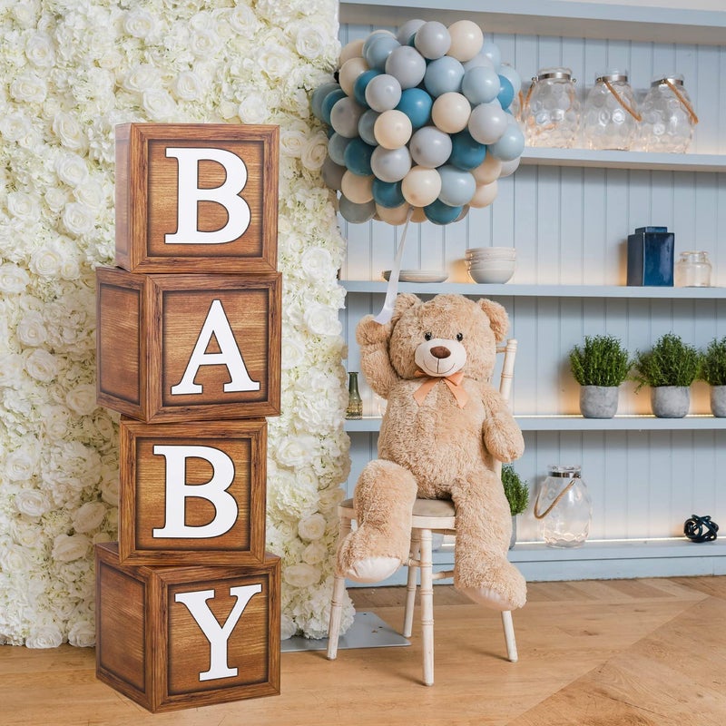 FengRise Baby Shower Boxes for Birthday Decorations 4 Wood Grain Brown BABY Balloon Boxes Baby Boxes for First Birthday Centerpiece Decor Teddy Bear Baby Shower Supplies Gender Reveal Backdrop - Image 2