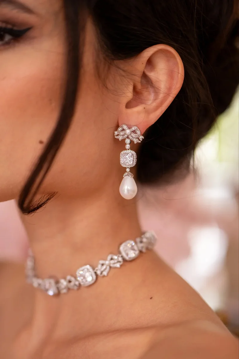 Santinni London Silver Marie Antoinette' Cushion-Cut Crystal and Bow Silver Earrings for Women | Best Price UAE