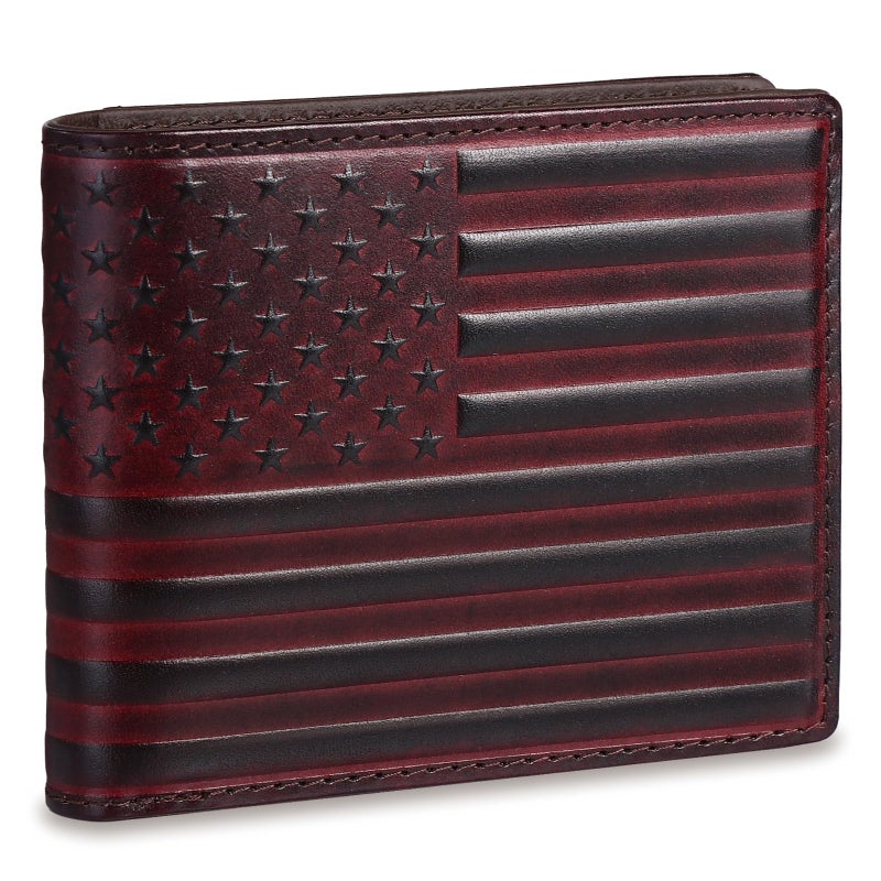 Pefiam Full Grain Leather Wallet for Men, RFID Blocking, Mens Wallet Bifold with 2 ID Windows, Billfold with 13 Card Slots, Leather Gift for Men, American Flag Wallet Red - Image 1