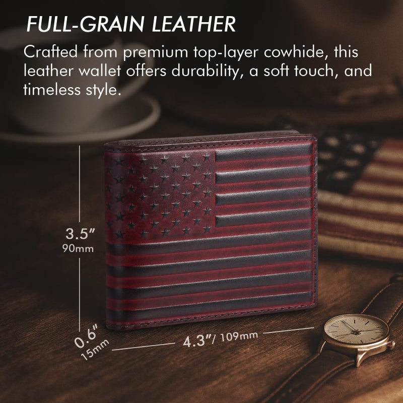 Pefiam Full Grain Leather Wallet for Men, RFID Blocking, Mens Wallet Bifold with 2 ID Windows, Billfold with 13 Card Slots, Leather Gift for Men, American Flag Wallet Red - Image 3