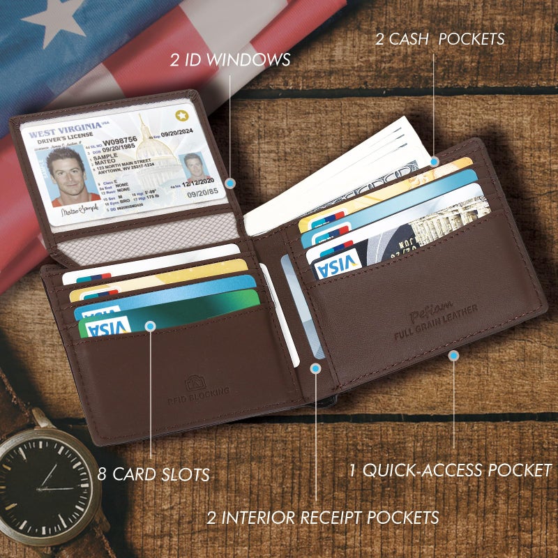 Pefiam Full Grain Leather Wallet for Men, RFID Blocking, Mens Wallet Bifold with 2 ID Windows, Billfold with 13 Card Slots, Leather Gift for Men, American Flag Wallet Red - Image 5