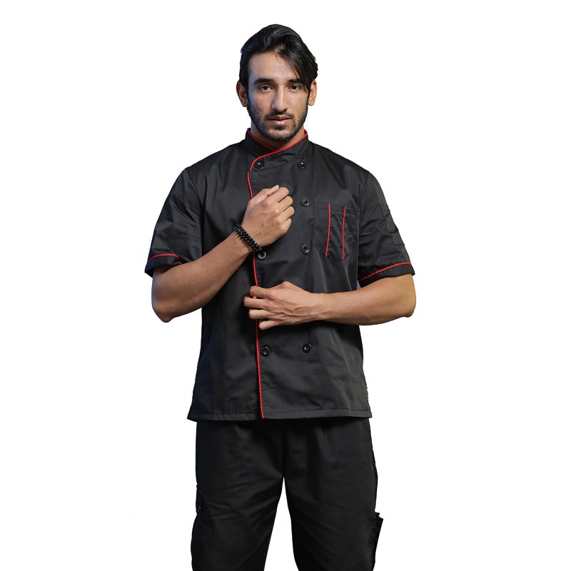 TopTie Unisex Short Sleeve Chef Coat Jacket, Black with Red - Image 3