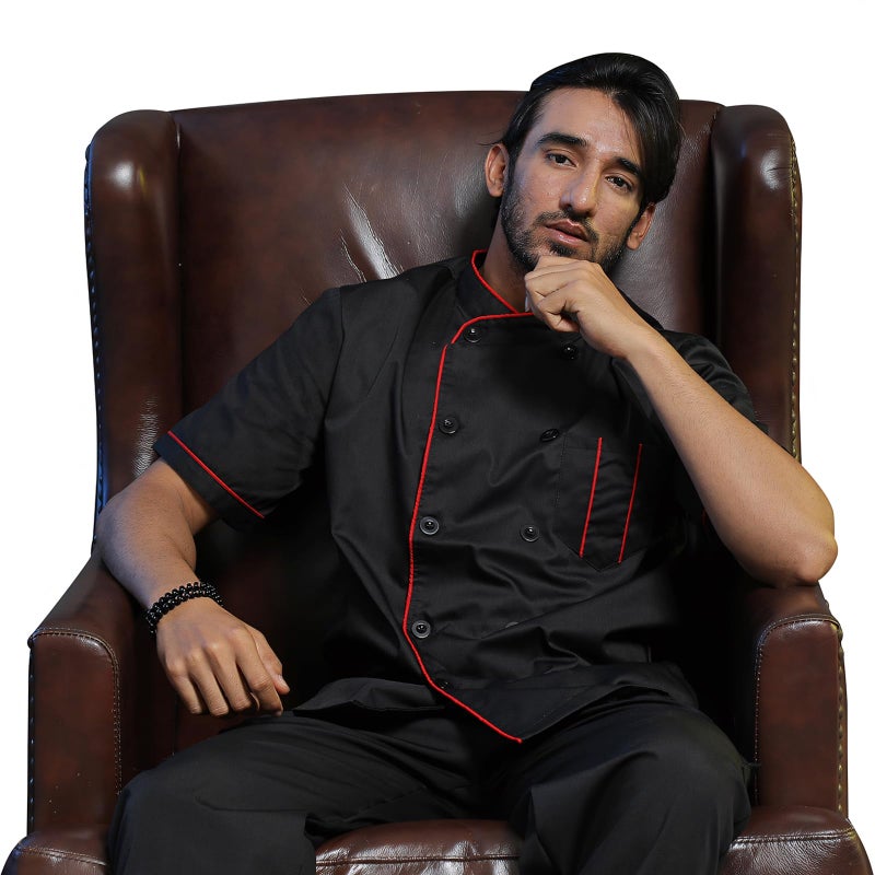 TopTie Unisex Short Sleeve Chef Coat Jacket, Black with Red - Image 4