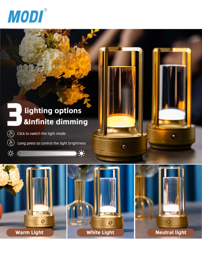 مودي مصباح طاولة LED مع تحكم باللمس، 3 وات، بطارية قابلة لإعادة الشحن 2000 مللي أمبير/ساعة، سطوع قابل للتعديل، تصميم عصري من الألومنيوم، ذهبي - Image 2
