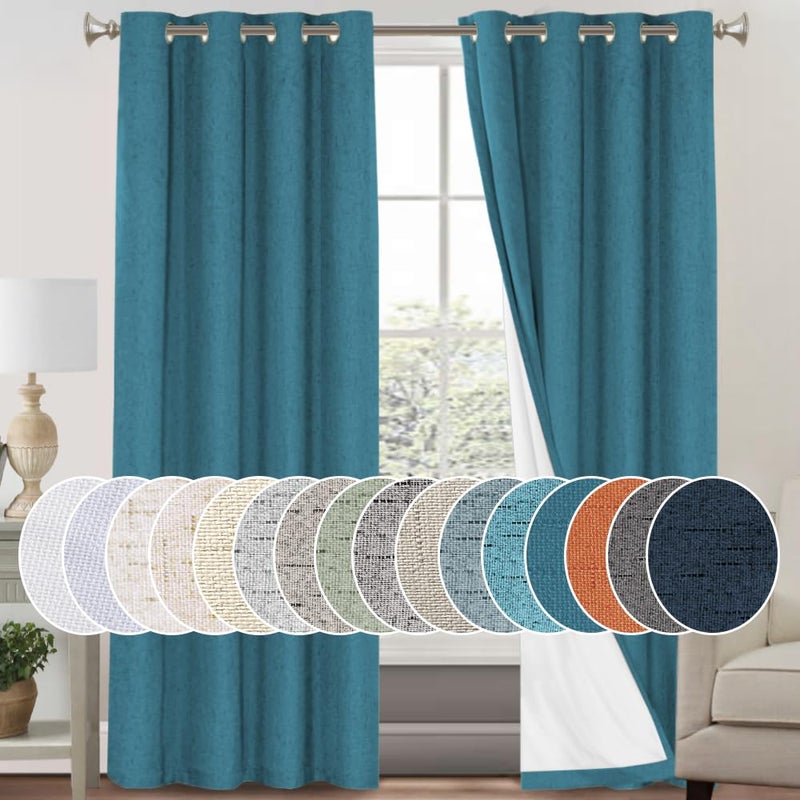 PrinceDeco ستائر PrinceDeco Primitive Textured Linen 100% معتمة لغرفة النوم / غرفة المعيشة، ستائر معتمة بطول 84 بوصة، ستائر موفرة للطاقة مع بطانة بيضاء (لوحتان، أزرق ياقوتي) - Image 1