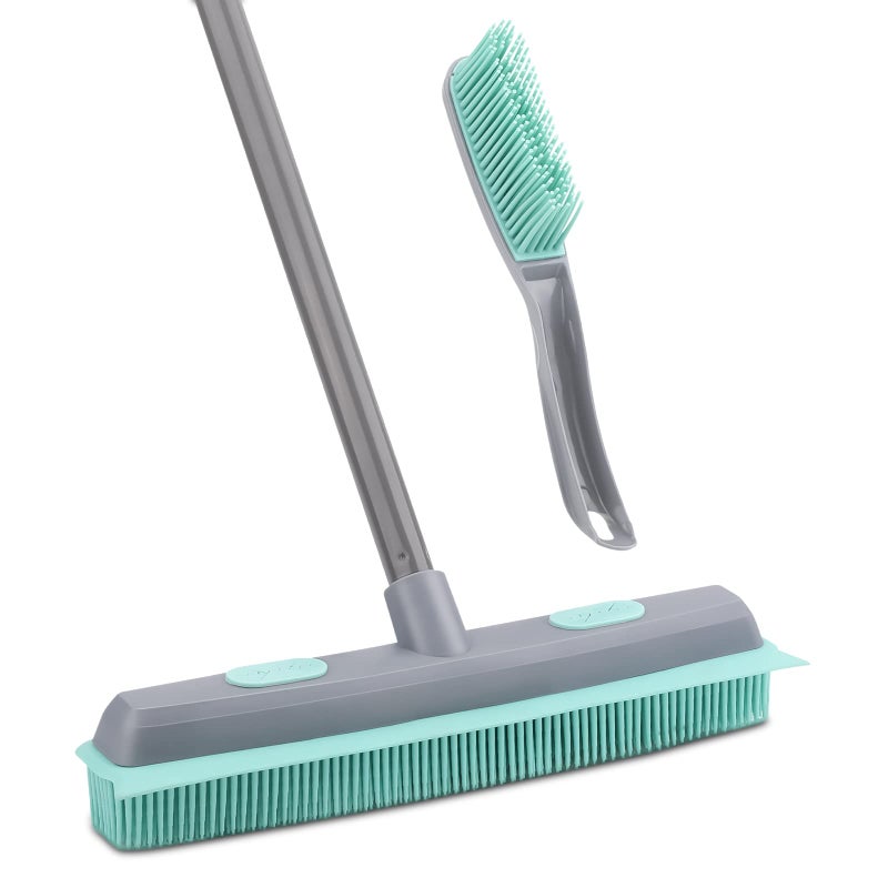 Conliwell Rubber Broom Carpet Rake for Pet Hair Fur Remover Broom with Squeegee Portable Detailing Lint Remover Brush Iron Handle