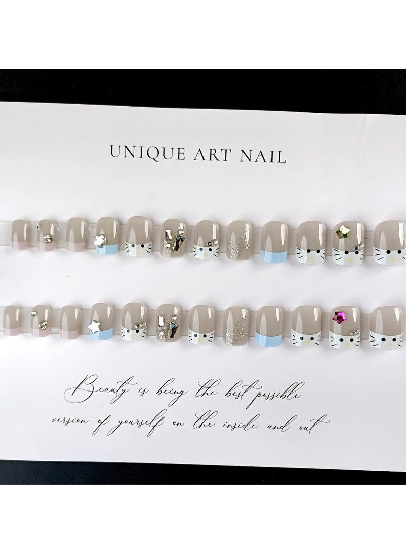 Goolsky مجموعة أظافر ضغط على شكل قطة كرتونية بأسلوب INS – نصائح فرنسية مع فن أظافر نجوم ملونة، 24 قطعة قابلة لإعادة الاستخدام، للأطفال/النساء - Image 1