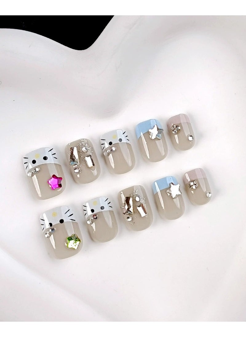 Goolsky مجموعة أظافر ضغط على شكل قطة كرتونية بأسلوب INS – نصائح فرنسية مع فن أظافر نجوم ملونة، 24 قطعة قابلة لإعادة الاستخدام، للأطفال/النساء - Image 3