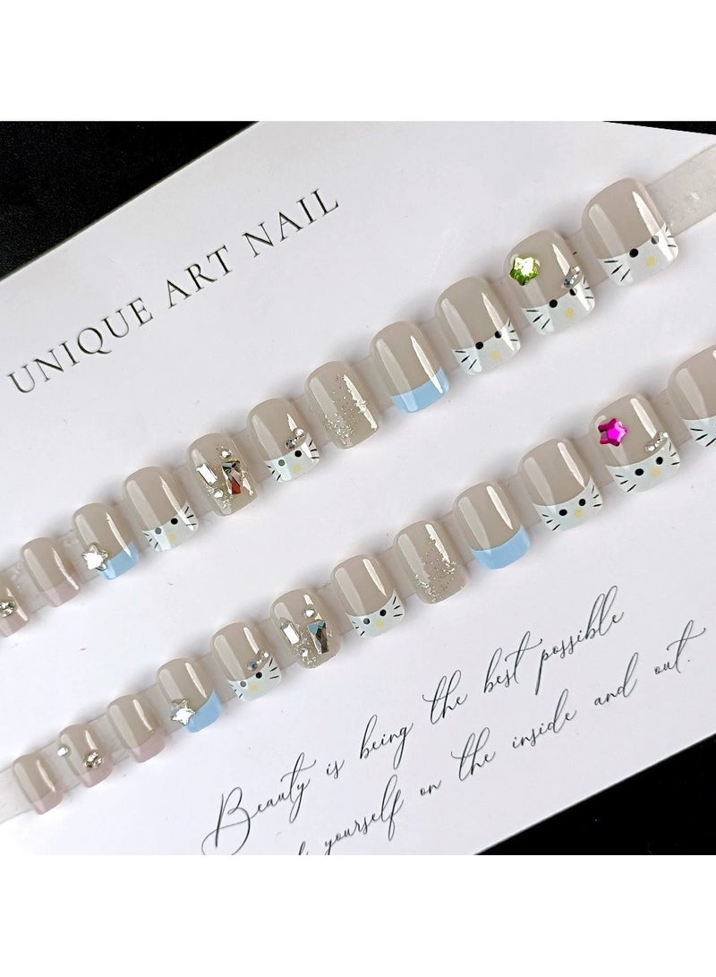 Goolsky مجموعة أظافر ضغط على شكل قطة كرتونية بأسلوب INS – نصائح فرنسية مع فن أظافر نجوم ملونة، 24 قطعة قابلة لإعادة الاستخدام، للأطفال/النساء - Image 4