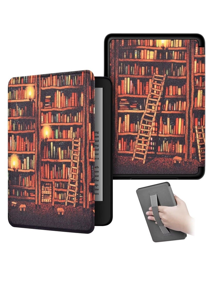 Captaintech Slimshell Case for 6.8 Kindle Paperwhite 11th Gen 2021 and Kindle Paperwhite Signature Edition, Lightweight PU Leather E Reader Cover, Auto Sleep Wake, Golden Bookshelf Design - Image 1