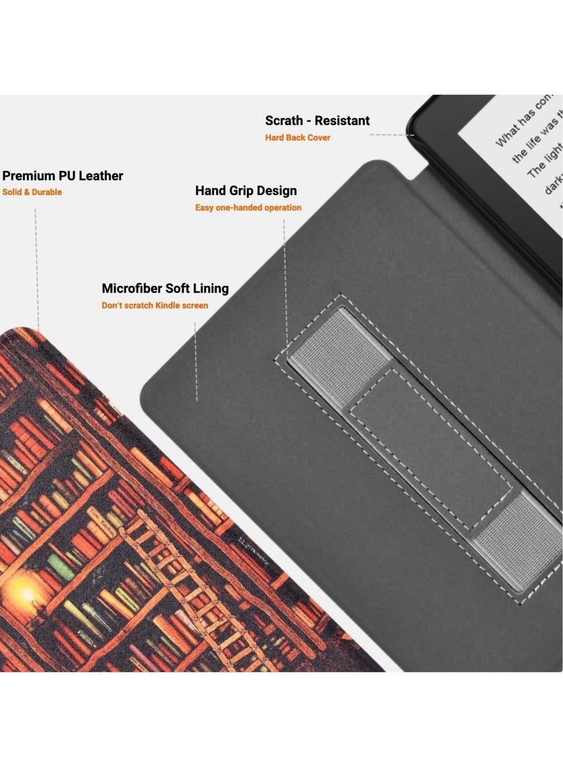 Captaintech Slimshell Case for 6.8 Kindle Paperwhite 11th Gen 2021 and Kindle Paperwhite Signature Edition, Lightweight PU Leather E Reader Cover, Auto Sleep Wake, Golden Bookshelf Design - Image 3