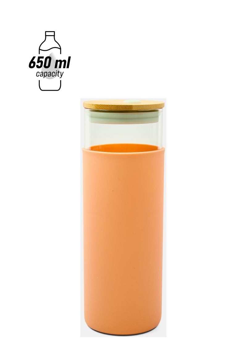 DesignWorks Ink Glass Water Bottle With Bamboo Cover 650 ml, Orange  - Image 1