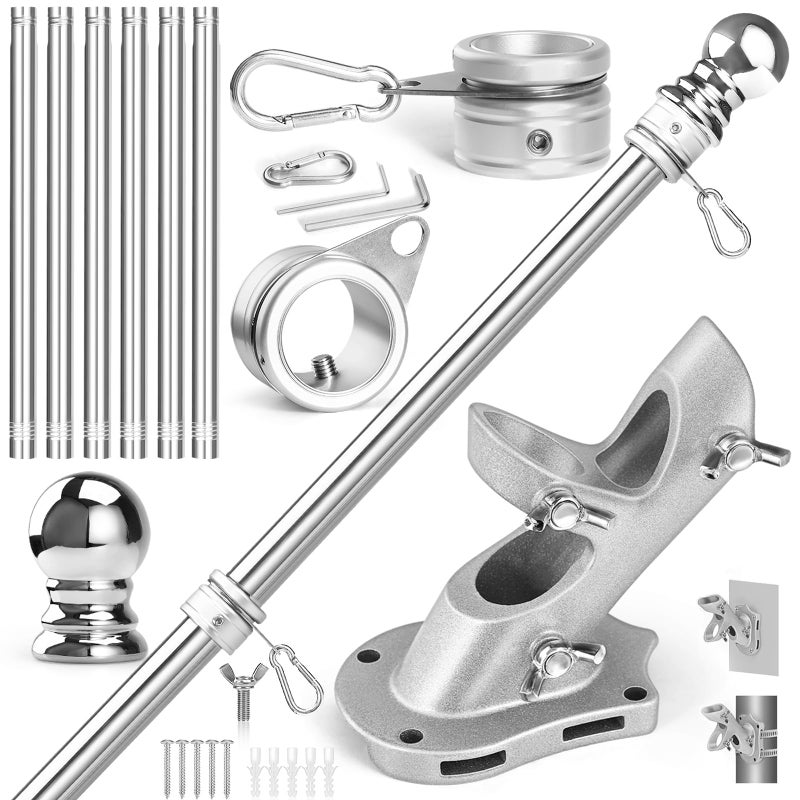 Anovo Flag Pole Kit Upgraded Holder Stainless Steel 7 FT Flag Poles with1 Inch Metal 360 Rotating Flag Pole Rings TwoPosition Flag Pole Bracket Mounting for Outside House Porch7 FT Sliver - Image 2
