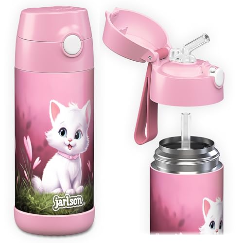 Jarlson® Charli Children's Stainless Steel Drinking Bottle with Straw - Thermos Flask 350 ml - TÜV Tested - BPA Free - Leak-Proof - Thermal Water Bottle for School, Nursery (Cat 'Neo') - Image 3