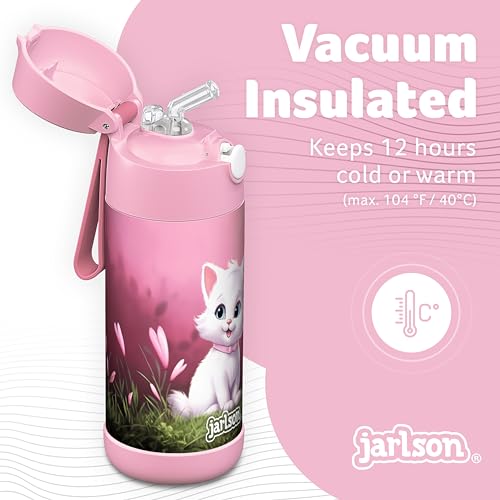 Jarlson® Charli Children's Stainless Steel Drinking Bottle with Straw - Thermos Flask 350 ml - TÜV Tested - BPA Free - Leak-Proof - Thermal Water Bottle for School, Nursery (Cat 'Neo') - Image 2