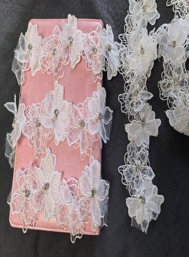 Buysk 2 Yards 3D Pearl Beads Flower Lace Trim Ribbon Floral Applique Embroidered Lace Fabric for Sewing DIY Crafts (White) - Image 5