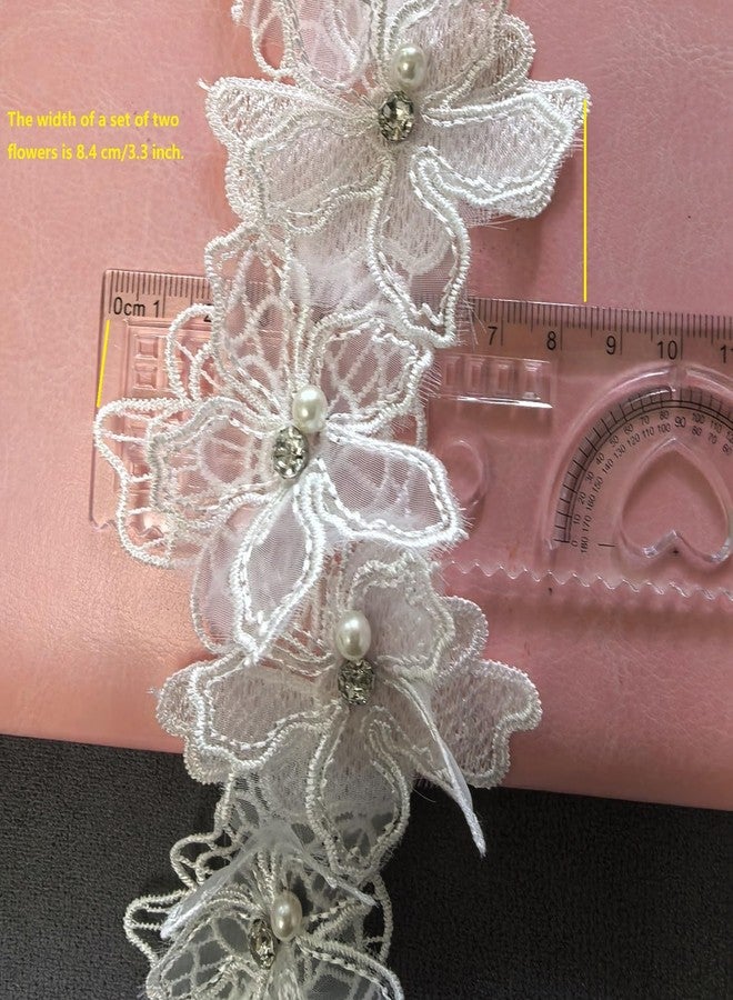 Buysk 2 Yards 3D Pearl Beads Flower Lace Trim Ribbon Floral Applique Embroidered Lace Fabric for Sewing DIY Crafts (White) - Image 3