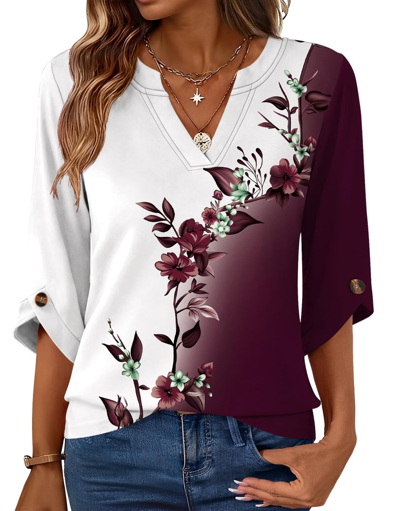 Kistore Womens V Neck Blouses 3/4 Length Sleeve Color Block Tshirts Casual Vacation Fashion Tunic Tops Tee Wine Red S - Image 1