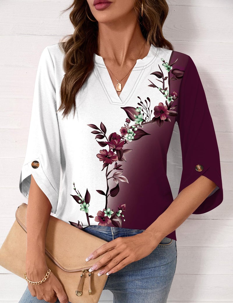 Kistore Womens V Neck Blouses 3/4 Length Sleeve Color Block Tshirts Casual Vacation Fashion Tunic Tops Tee Wine Red S - Image 4