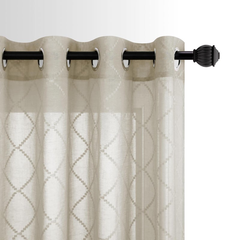 KOUFALL Faux Linen Textured Sheer Curtains 63 Inch Length for Living Room Bedroom Moroccan Check Brown Diamond Lattice Embroidered Grommet Voile Panel Drapes 2 Panels