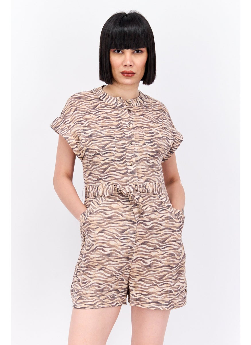 Scotch & Soda Women Allover Printed Cap Sleeve Play Suit, Green Combo, Light Brown  - Image 1