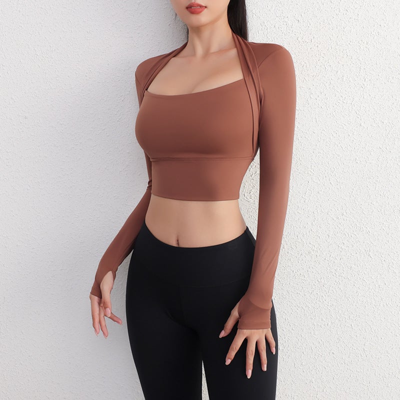 Generic Short Chest Pad Sports Top Womens Training Fitness Clothes Blouse Running Breathable Tight Yoga Clothes Long Sleeve for Autumn and Winter White  - Image 3