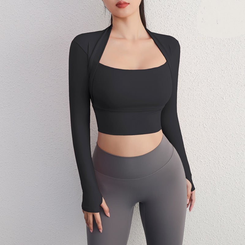 Generic Short Chest Pad Sports Top Womens Training Fitness Clothes Blouse Running Breathable Tight Yoga Clothes Long Sleeve for Autumn and Winter White  - Image 2