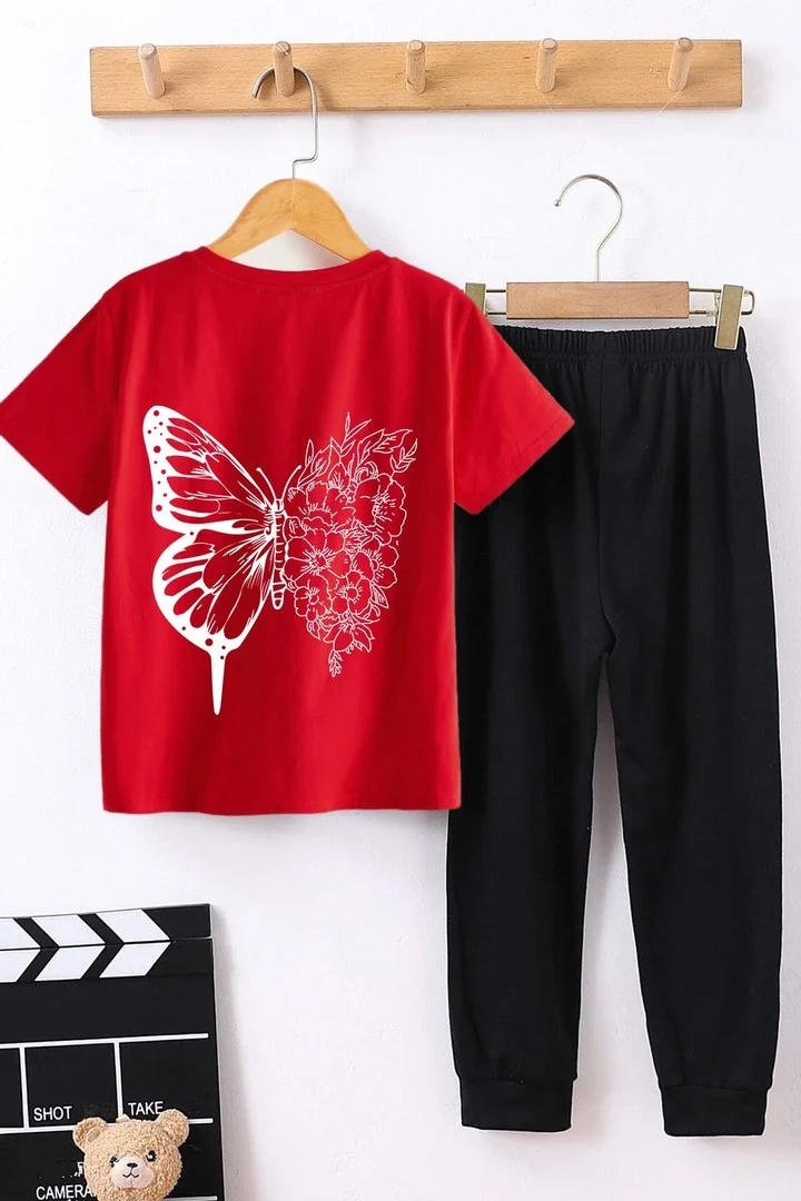 ONLYTRENDWEAR Childrens Drawing Butterflies Bottom - Top Tracksuit Set 3-4 Years Old Red