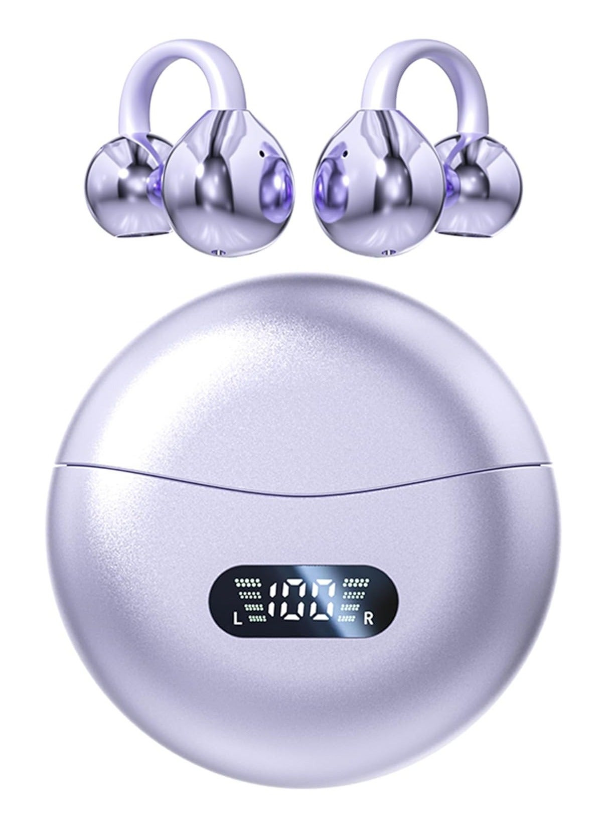 Wireless Clip Headphones Buds with Bluetooth 6.0 Low Latency, HD Sound, LED Power Display Earphones Comfortable Fit Waterproof in-Ear Earbuds with Mic for Multi-Scenario Suitable for All Ages (Purple)