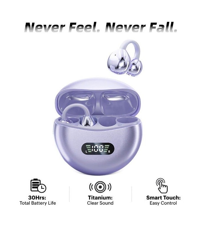 caijin Wireless Clip Headphones Buds with Bluetooth 6.0 Low Latency, HD Sound, LED Power Display Earphones Comfortable Fit Waterproof in-Ear Earbuds with Mic for Multi-Scenario Suitable for All Ages (Purple) - Image 1