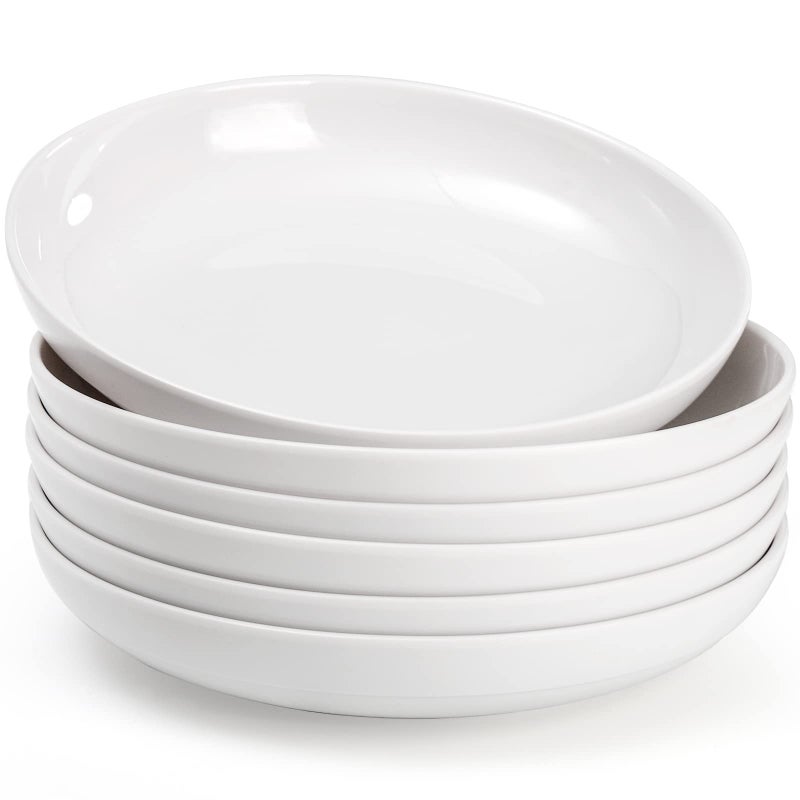 Fasmov Melamine Pasta Bowls 6 Pack 9 inches 30 Oz Large Salad Serving Bowls Shallow Salad Bowls Plastic Dinner Deep Plates Dishwasher Safe White