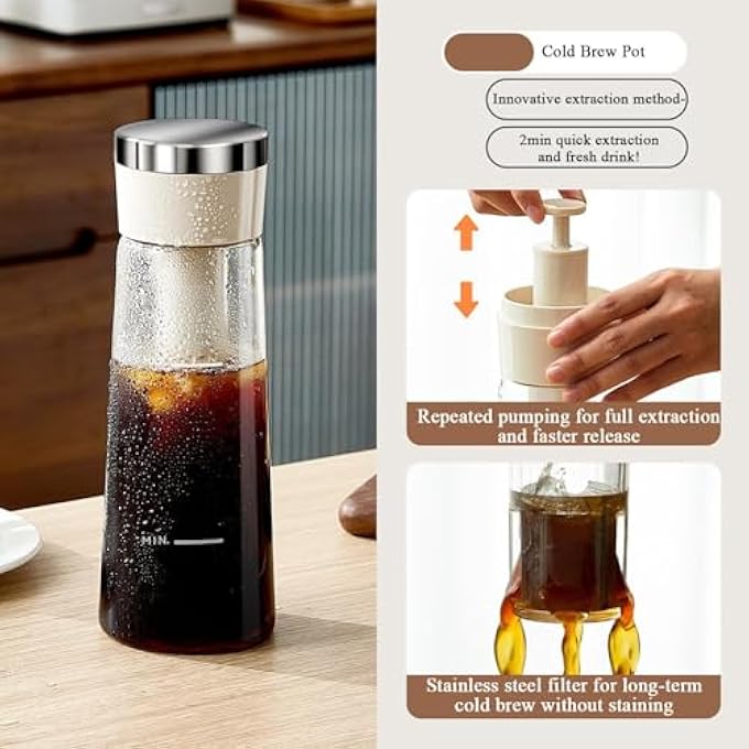 TERRIFI Fast Cold Brew Coffee Maker 750Ml  Portable Iced Coffee Brewer For Tea  Coffee  LeakProof Cold Brew Container With Precision Filter For Home Office Outdoor And Camping Use White - Image 4