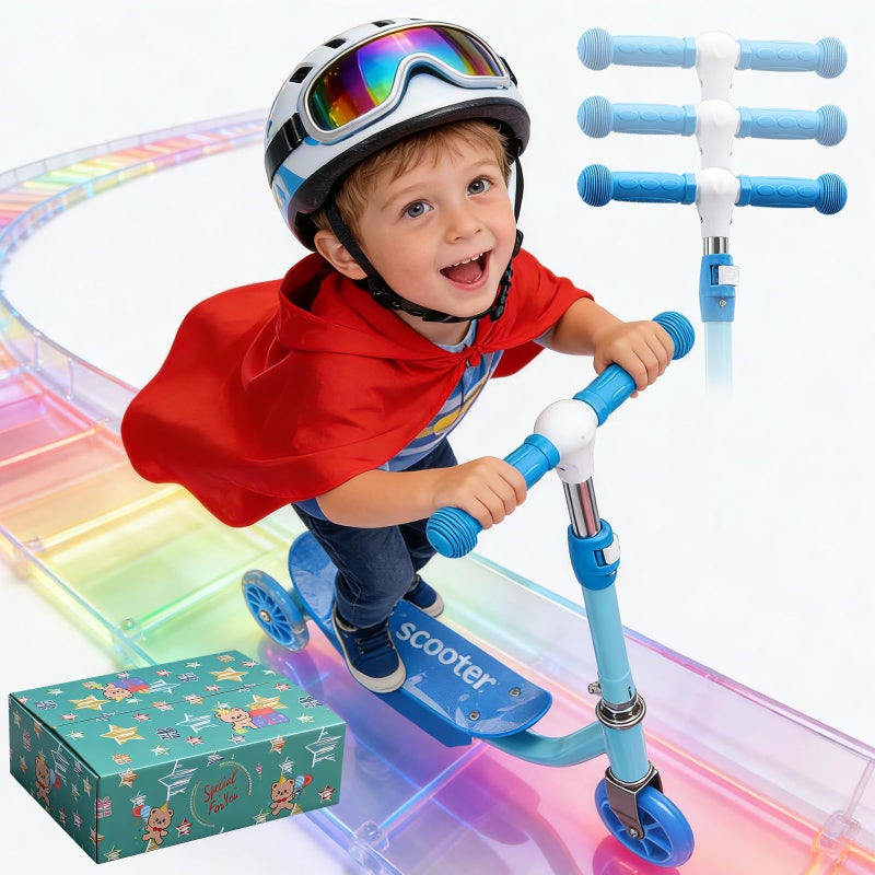 ETICSIPA Scooters for Kids 3-5 Years Age 3-Wheel Light Up Scooter with Flexible Steer & 3-Adjustable Height for Boys Girls Outdoor Indoor Recreational Transport Blue Pink Orange - Image 1
