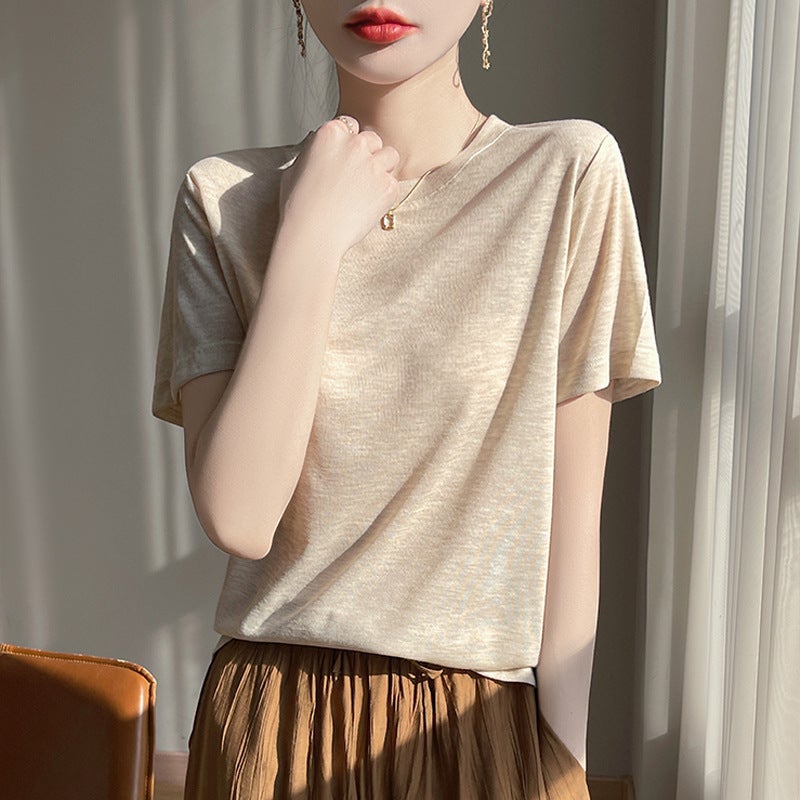 Manufacturer Women'S Round Neck Pure Color Tencel Lyocell Short-Sleeved T-Shirt Casual Elegant Top Half-Sleeved Bottoming 2 - Image 1