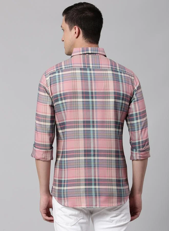 Dennis Lingo Pink Slim Fit Pink Men's Checkered Shirt, Spread Collar, Full Sleeves, 100% Cotton, for Men | Best Price UAE